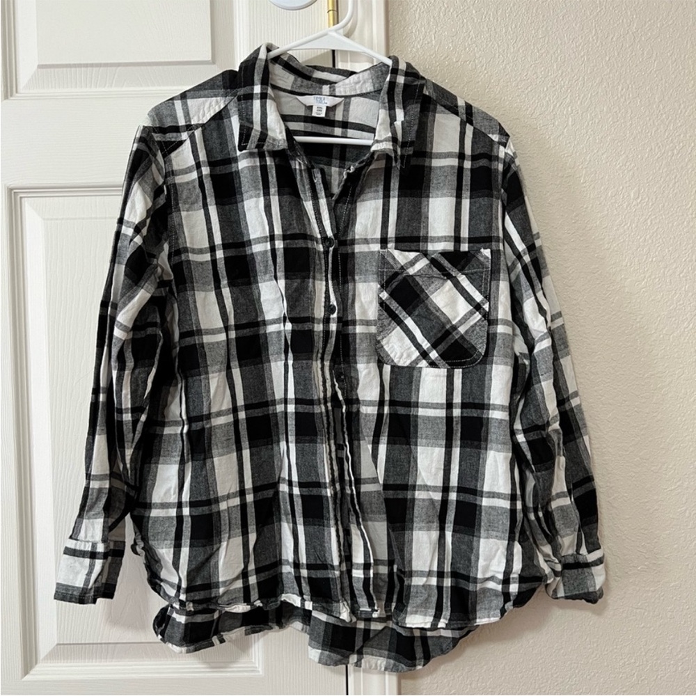 Time and Tru Black and White Plaid Button-Up Flannel Shirt - XXL